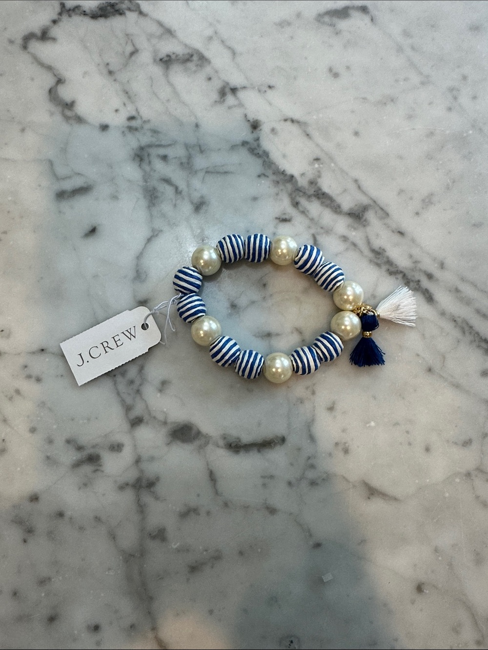 J. Crew Navy & White Striped Bead Bracelet with Pearl Accents